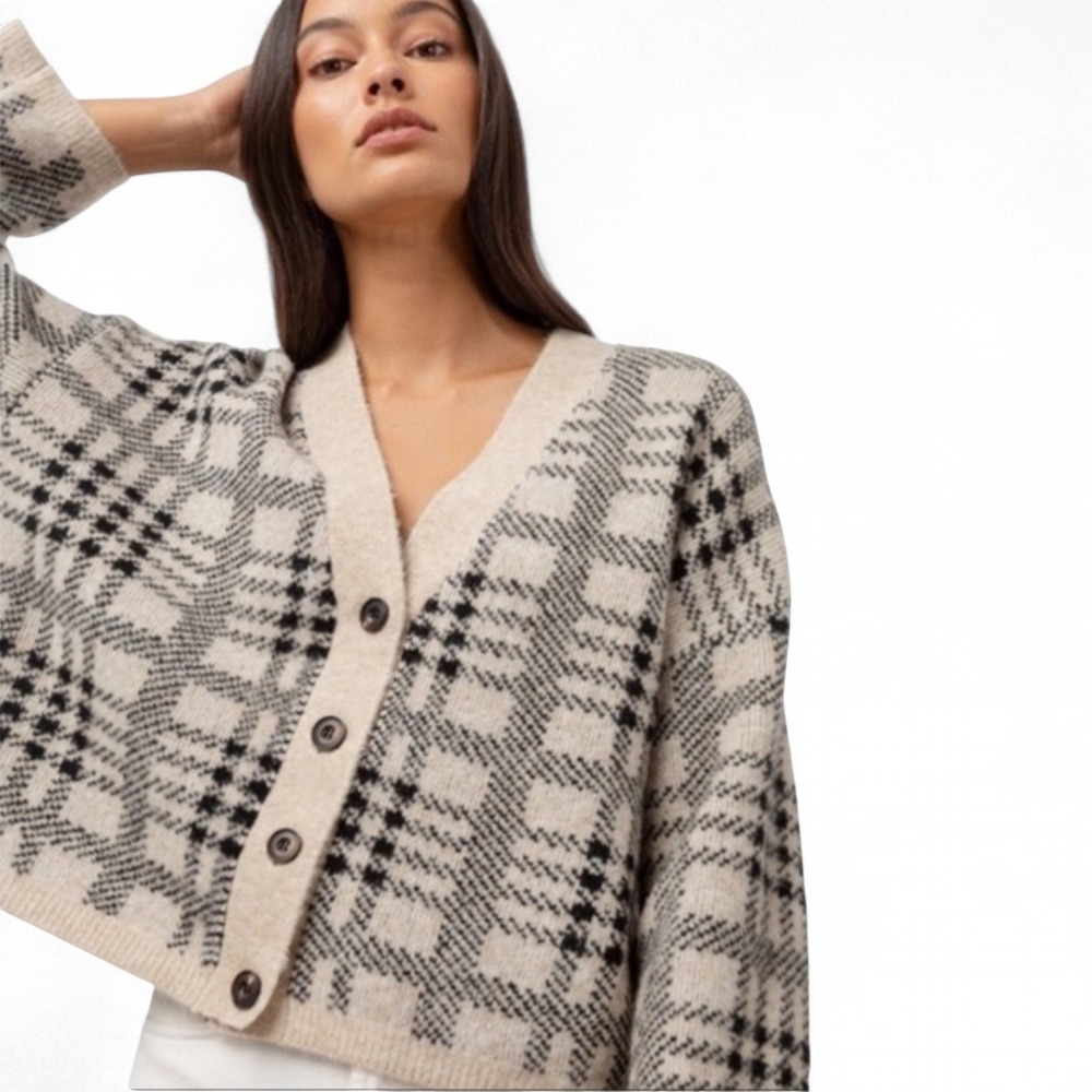 Rails Reese Wool Cropped Cardigan Oatmeal Black Plaid‎ Sz S